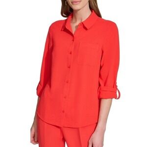 DKNY Red Button Down‎ Roll Tab Sleeve Shirt Career Casual Top
